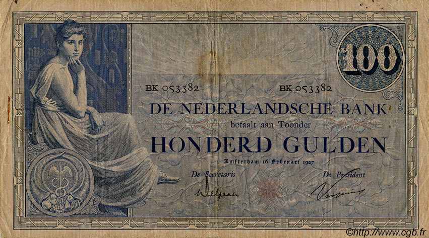 100 Gulden NETHERLANDS  1927 P.039d F - VF