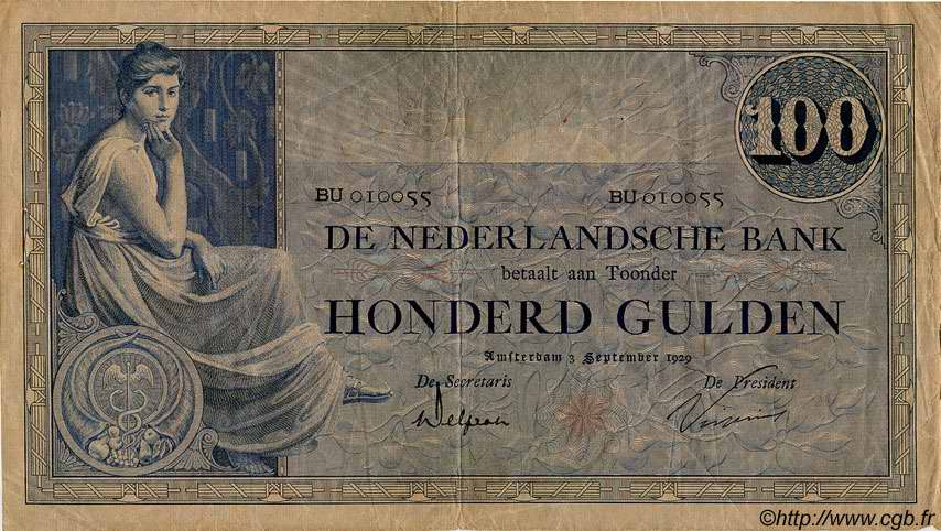 100 Gulden NETHERLANDS  1929 P.039d F - VF