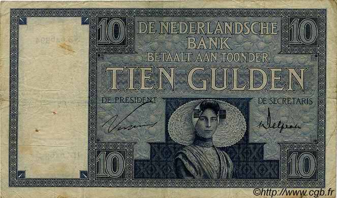 10 Gulden NETHERLANDS  1927 P.043b F+