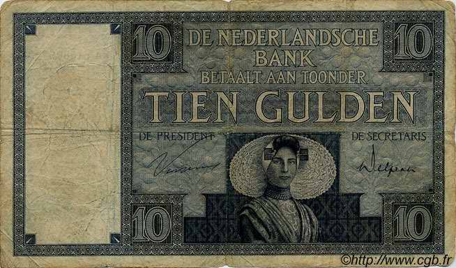 10 Gulden NETHERLANDS  1931 P.043c VF