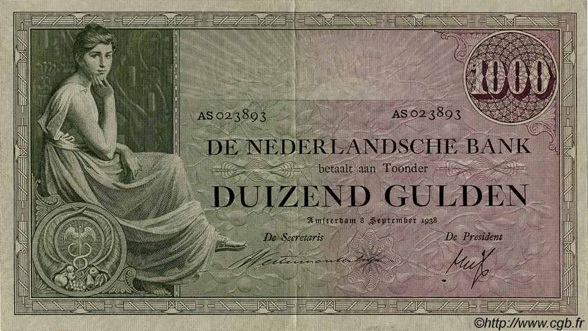 1000 Gulden NIEDERLANDE  1938 P.048 fVZ