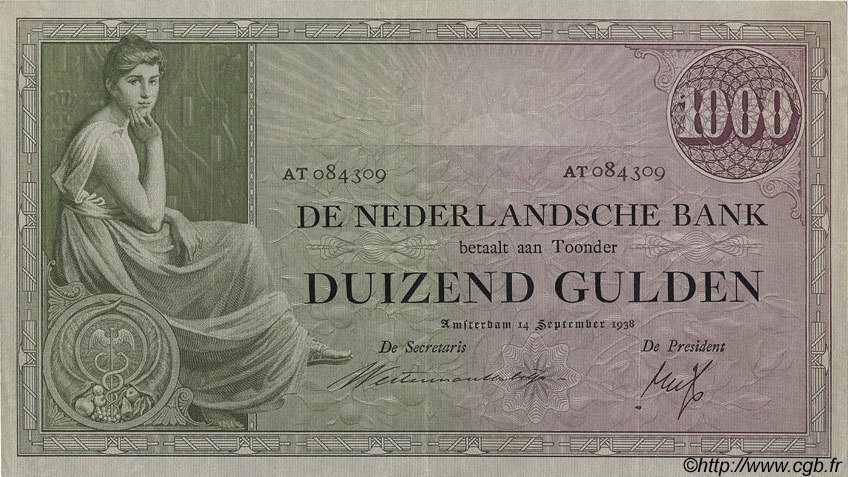 1000 Gulden NIEDERLANDE  1938 P.048 VZ