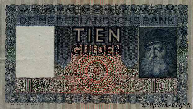 10 Gulden NETHERLANDS  1934 P.049 F
