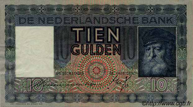 10 Gulden NETHERLANDS  1936 P.049 VF+