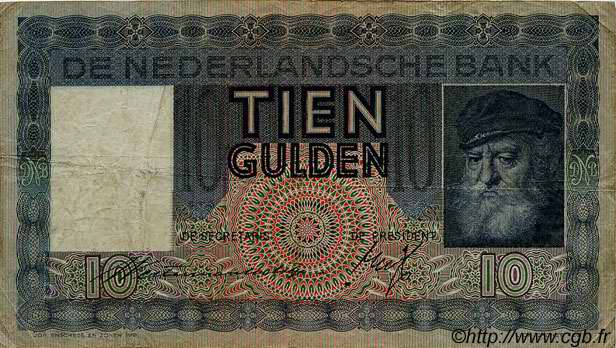 10 Gulden NETHERLANDS  1937 P.049 VG