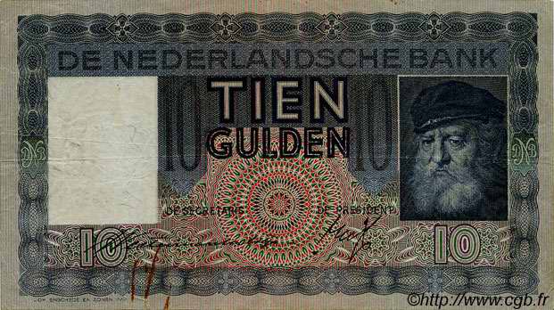 10 Gulden NETHERLANDS  1938 P.049 F