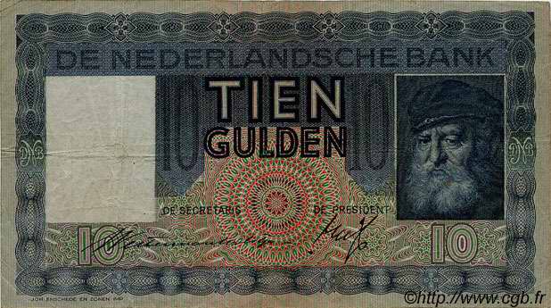 10 Gulden NETHERLANDS  1938 P.049 VF+