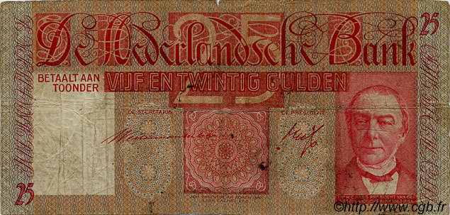 25 Gulden PAíSES BAJOS  1937 P.050 RC+