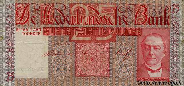 25 Gulden NETHERLANDS  1940 P.050 VF