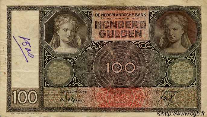 100 Gulden NETHERLANDS  1932 P.051a F+