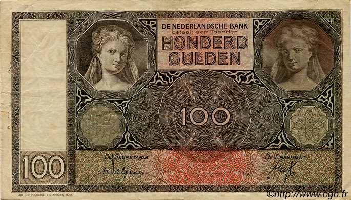 100 Gulden NETHERLANDS  1932 P.051a VF