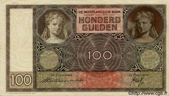 100 Gulden NETHERLANDS  1935 P.051a XF+