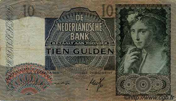 10 Gulden NETHERLANDS  1940 P.056a F+