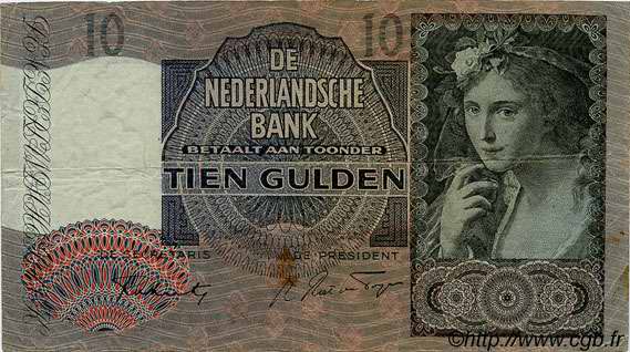 10 Gulden NETHERLANDS  1941 P.056b F+