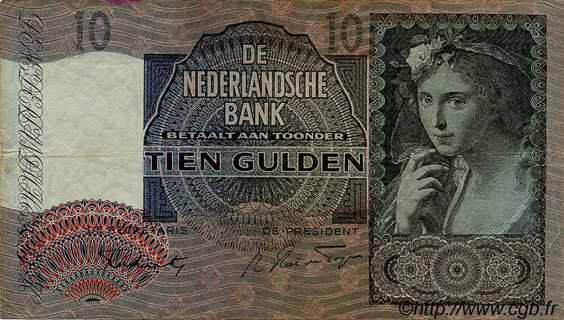 10 Gulden NETHERLANDS  1942 P.056b VF