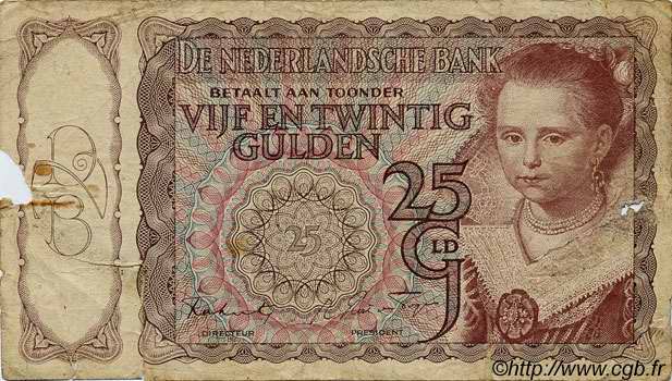 25 Gulden NETHERLANDS  1943 P.060 G