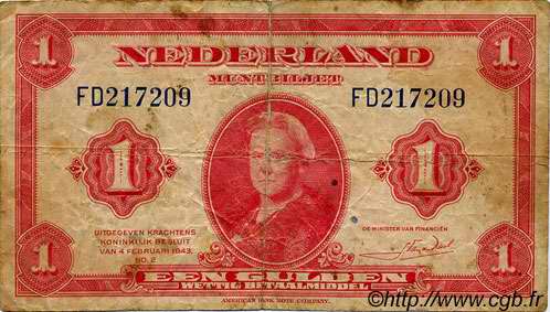 1 Gulden NETHERLANDS  1943 P.064 VG