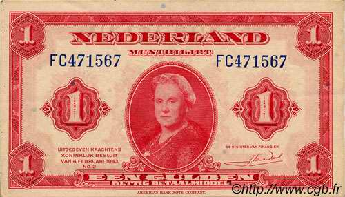 1 Gulden NETHERLANDS  1943 P.064 XF