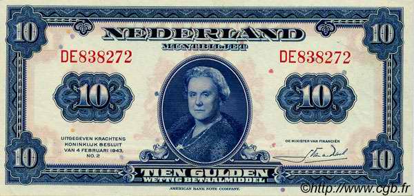 10 Gulden NETHERLANDS  1943 P.066a UNC-