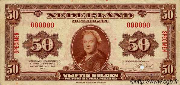 50 Gulden Spécimen PAESI BASSI  1943 P.068s q.SPL