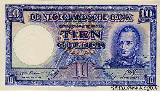 10 Gulden NETHERLANDS  1945 P.075b AU