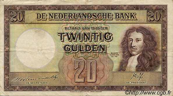 20 Gulden NETHERLANDS  1945 P.076 VF