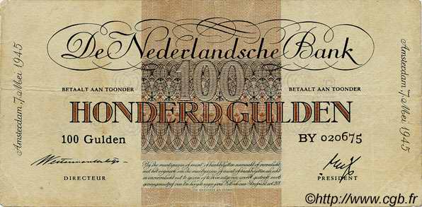 100 Gulden PAESI BASSI  1945 P.079 q.BB