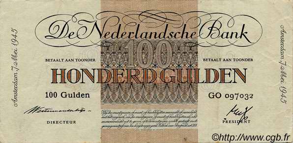 100 Gulden NETHERLANDS  1945 P.079 VF