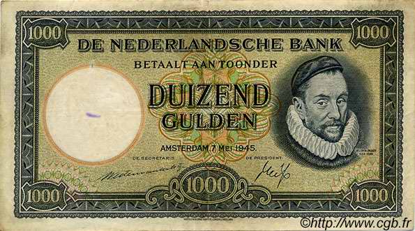 1000 Gulden NIEDERLANDE  1945 P.080 SS