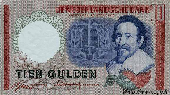 10 Gulden NETHERLANDS  1953 P.085 XF+