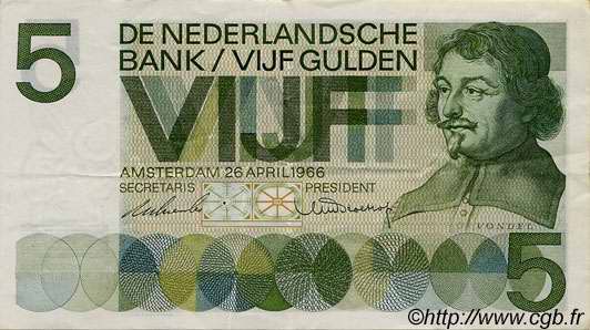 5 Gulden NETHERLANDS  1966 P.090a XF