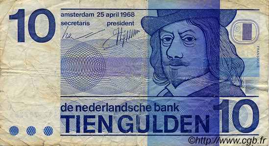 10 Gulden NETHERLANDS  1968 P.091b VG