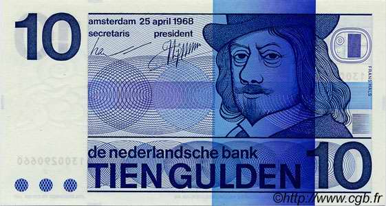 10 Gulden NETHERLANDS  1968 P.091b AU