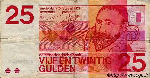 25 Gulden NETHERLANDS  1971 P.092 F