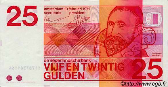25 Gulden NETHERLANDS  1971 P.092 AU-