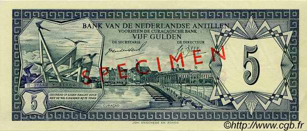 5 Gulden Spécimen NETHERLANDS ANTILLES  1967 P.08s AU