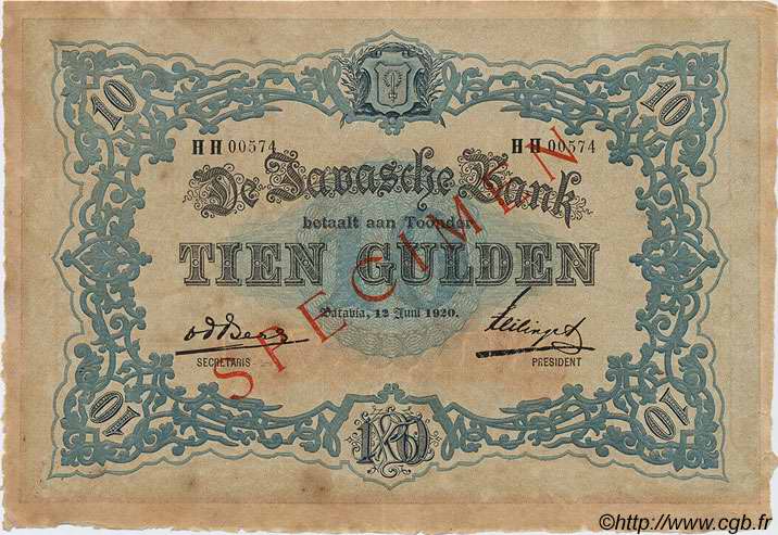 10 Gulden Spécimen INDIAS NEERLANDESAS  1920 P.053s MBC+