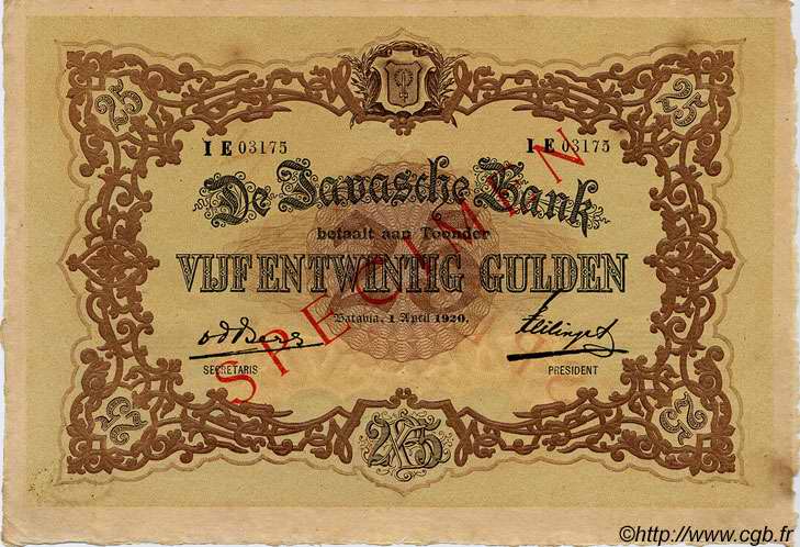 25 Gulden Spécimen NIEDERLÄNDISCH-INDIEN  1920 P.054s VZ+
