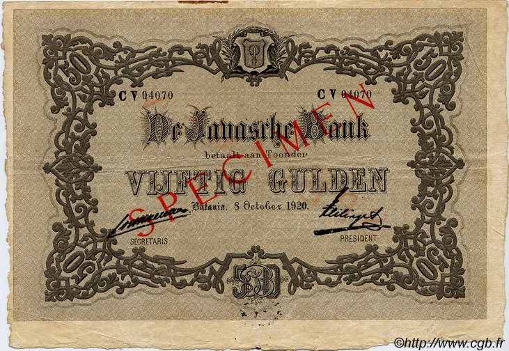 50 Gulden Spécimen NIEDERLÄNDISCH-INDIEN  1920 P.055s SS