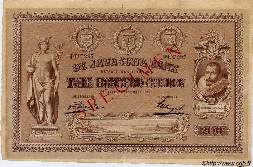 200 Gulden Spécimen INDIE OLANDESI  1919 P.057s q.AU
