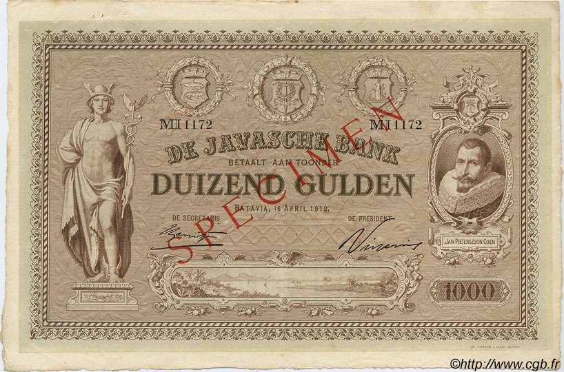 1000 Gulden Spécimen NIEDERLÄNDISCH-INDIEN  1912 P.060s SS to VZ