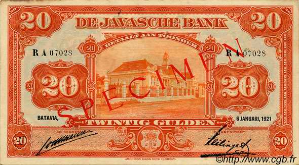 20 Gulden Spécimen NIEDERLÄNDISCH-INDIEN  1921 P.066s fST+