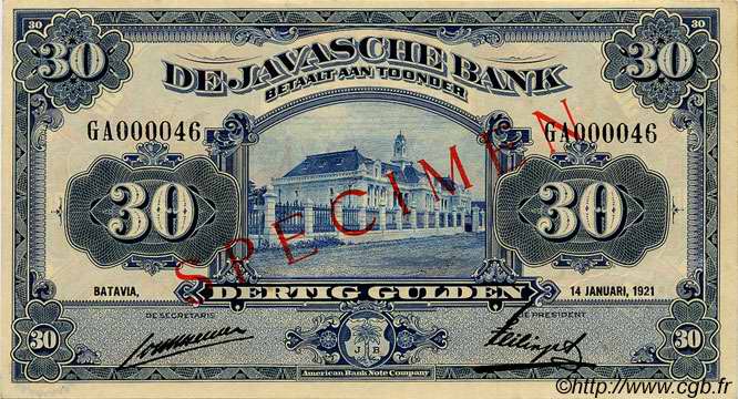 30 Gulden Spécimen INDIAS NEERLANDESAS  1921 P.067s SC+
