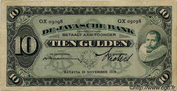 10 Gulden NETHERLANDS INDIES  1929 P.070 VF