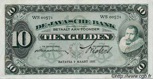 10 Gulden NETHERLANDS INDIES  1931 P.070 VF