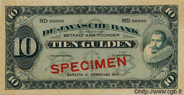 10 Gulden Spécimen NETHERLANDS INDIES  1926 P.070s UNC-