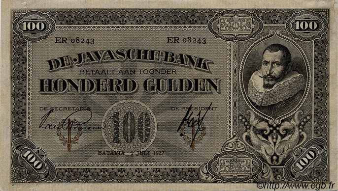 100 Gulden NETHERLANDS INDIES  1927 P.073 VF