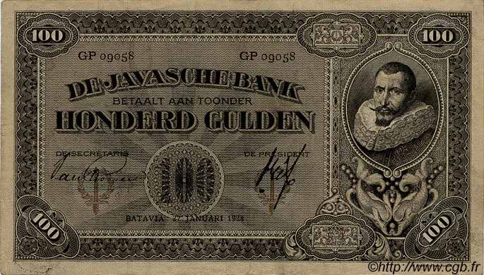 100 Gulden NETHERLANDS INDIES  1928 P.073 VF