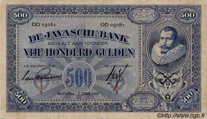 500 Gulden NETHERLANDS INDIES  1926 P.076 VF