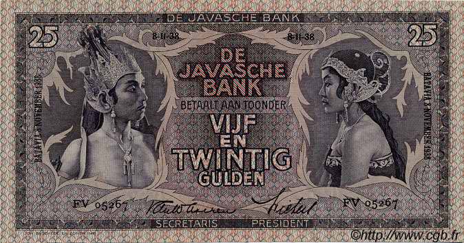 25 Gulden NETHERLANDS INDIES  1938 P.080b AU